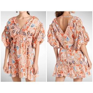 MISA Los Angeles Sari Floral Puff Sleeve Dress in Tangerine Floral Size S